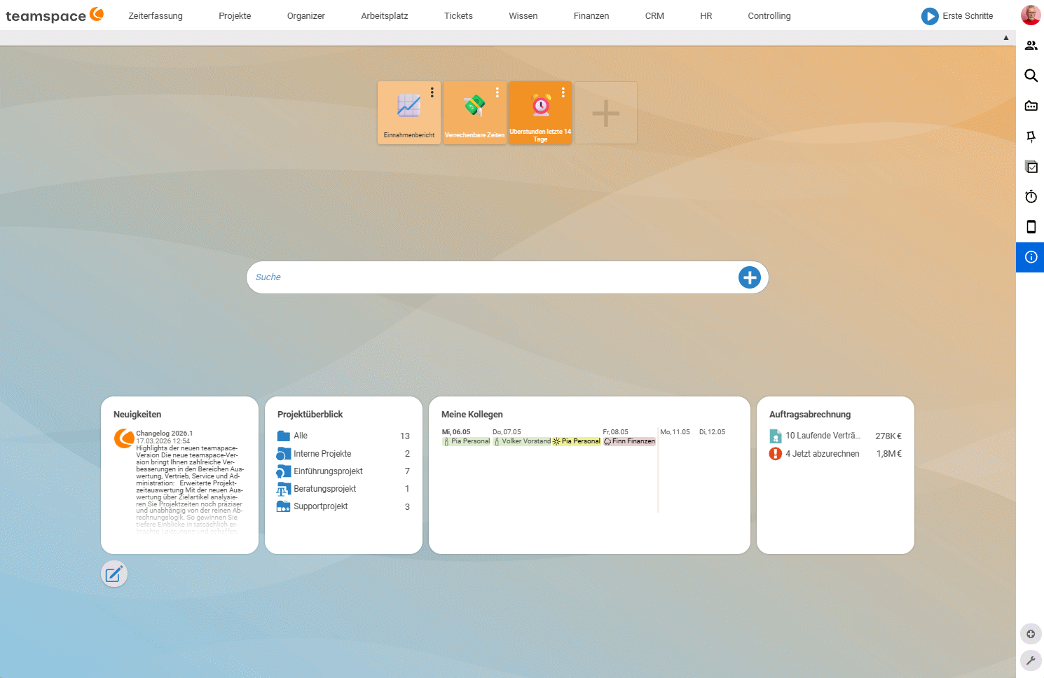 teamspace Dashboard-Startscreen mit Navigation, Schnellsuche und vier Kacheln (Projektübersicht, Meine Kollegen, Aufgabenübersicht)